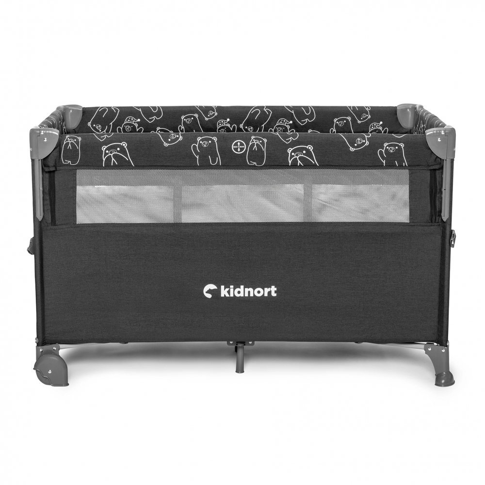 Kidnort Patut de calatorie pentru copii pliabil multifunctional 3 in 1 din material Oxford 300 cu geantuta de depozitare laterala culisanta roti cu frana accesorizat Stugan Dark Grey