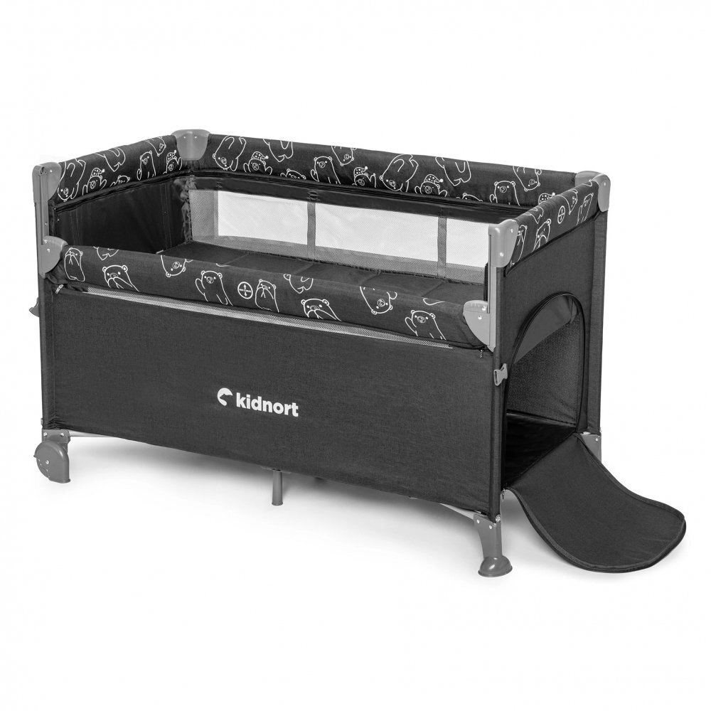 Kidnort Patut de calatorie pentru copii pliabil multifunctional 3 in 1 din material Oxford 300 cu geantuta de depozitare laterala culisanta roti cu frana accesorizat Stugan Dark Grey