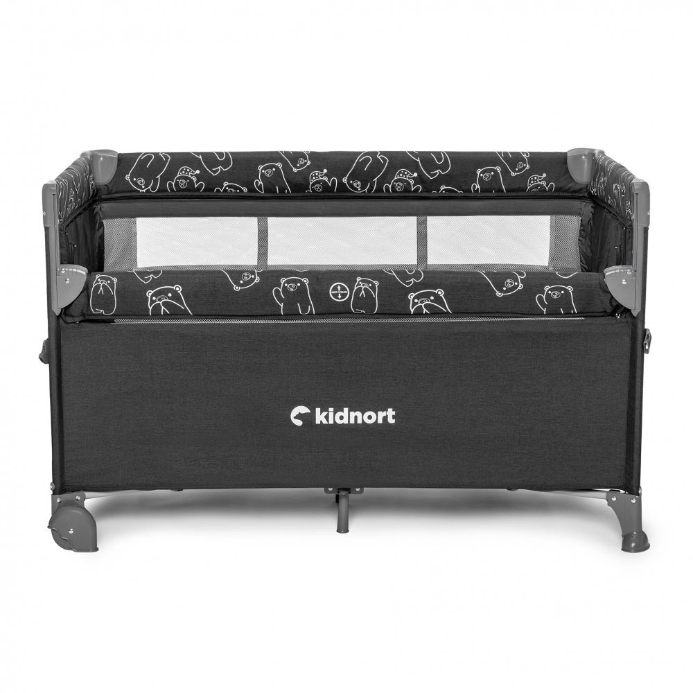 Kidnort Patut de calatorie pentru copii pliabil multifunctional 3 in 1 din material Oxford 300 cu geantuta de depozitare laterala culisanta roti cu frana accesorizat Stugan Dark Grey