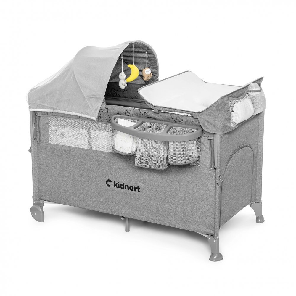 Kidnort Patut de calatorie pentru copii pliabil multifunctional 3 in 1 din material Oxford 300 cu geantuta de depozitare laterala culisanta roti cu frana accesorizat Stugan Light Grey