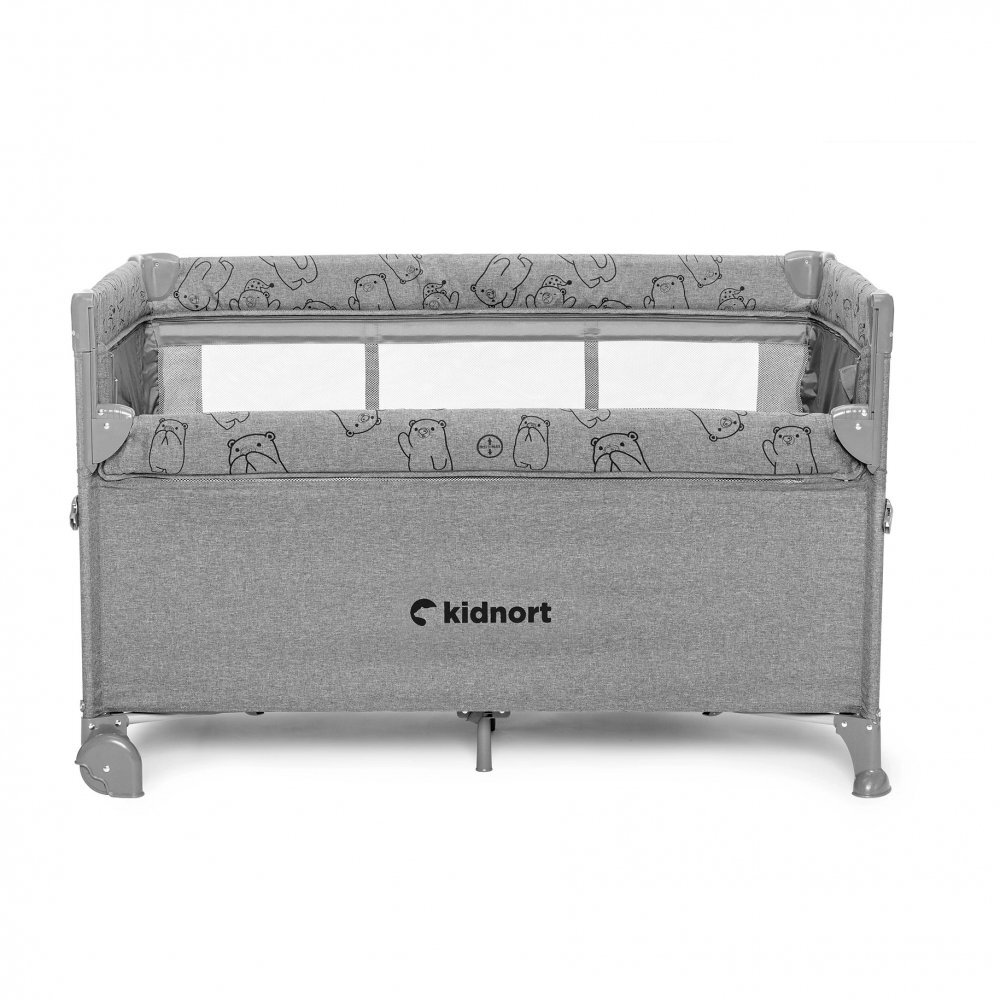 Kidnort Patut de calatorie pentru copii pliabil multifunctional 3 in 1 din material Oxford 300 cu geantuta de depozitare laterala culisanta roti cu frana accesorizat Stugan Light Grey