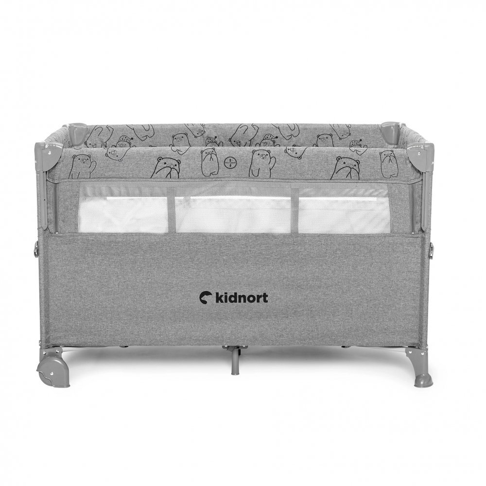 Kidnort Patut de calatorie pentru copii pliabil multifunctional 3 in 1 din material Oxford 300 cu geantuta de depozitare laterala culisanta roti cu frana accesorizat Stugan Light Grey