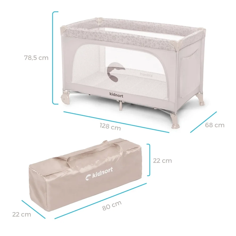 Kidnort Patut de calatorie pliabil pentru copii Grotta Warm Dune cu saltea plasa de ventilatie roti usa cu fermoar si geanta de transport 128 x 78.5 x 68 cm