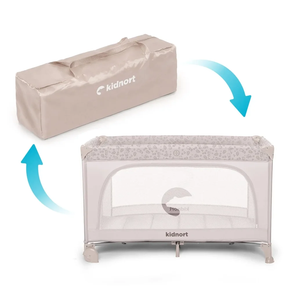 Kidnort Patut de calatorie pliabil pentru copii Grotta Warm Dune cu saltea plasa de ventilatie roti usa cu fermoar si geanta de transport 128 x 78.5 x 68 cm