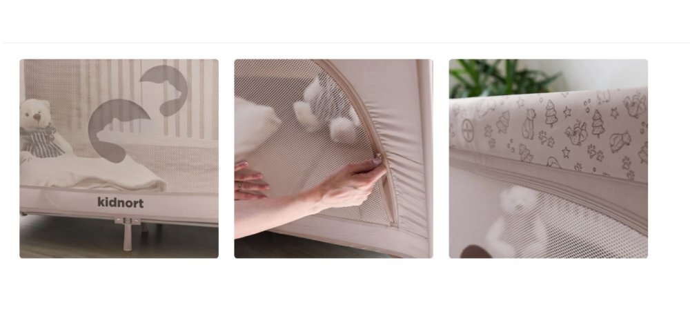 Kidnort Patut de calatorie pliabil pentru copii Grotta Warm Dune cu saltea plasa de ventilatie roti usa cu fermoar si geanta de transport 128 x 78.5 x 68 cm