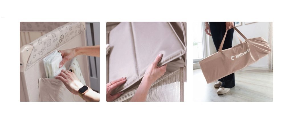 Kidnort Patut de calatorie pliabil pentru copii Grotta Warm Dune cu saltea plasa de ventilatie roti usa cu fermoar si geanta de transport 128 x 78.5 x 68 cm