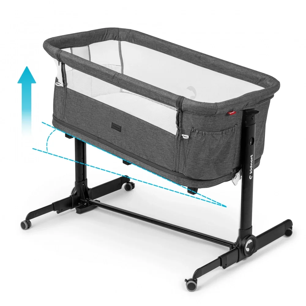 Kidnort Patut multifunctonal tip co-sleeper si tarc de joaca pentru copii Snackskal II Dark Gray structura din otel cu inaltime ajustabila roti cu frane buzunar lateral sistem de balansare incorporat accesorii incluse