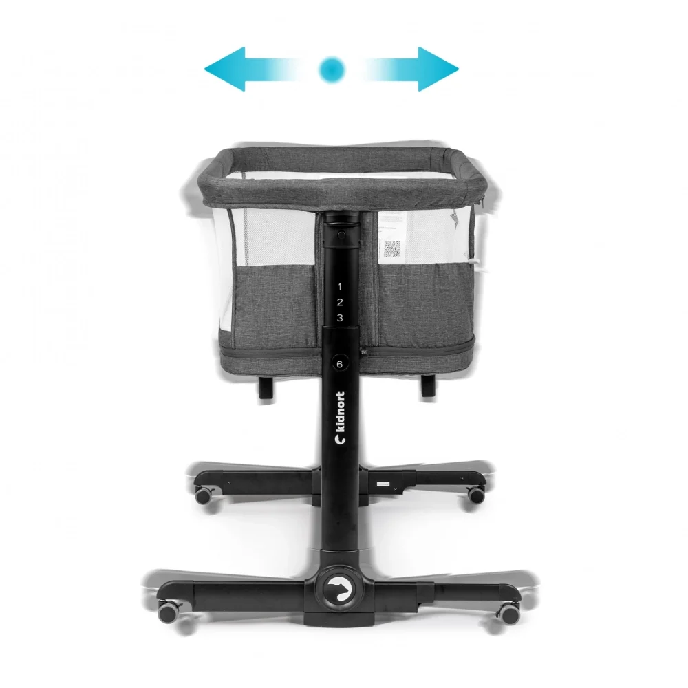 Kidnort Patut multifunctonal tip co-sleeper si tarc de joaca pentru copii Snackskal II Dark Gray structura din otel cu inaltime ajustabila roti cu frane buzunar lateral sistem de balansare incorporat accesorii incluse