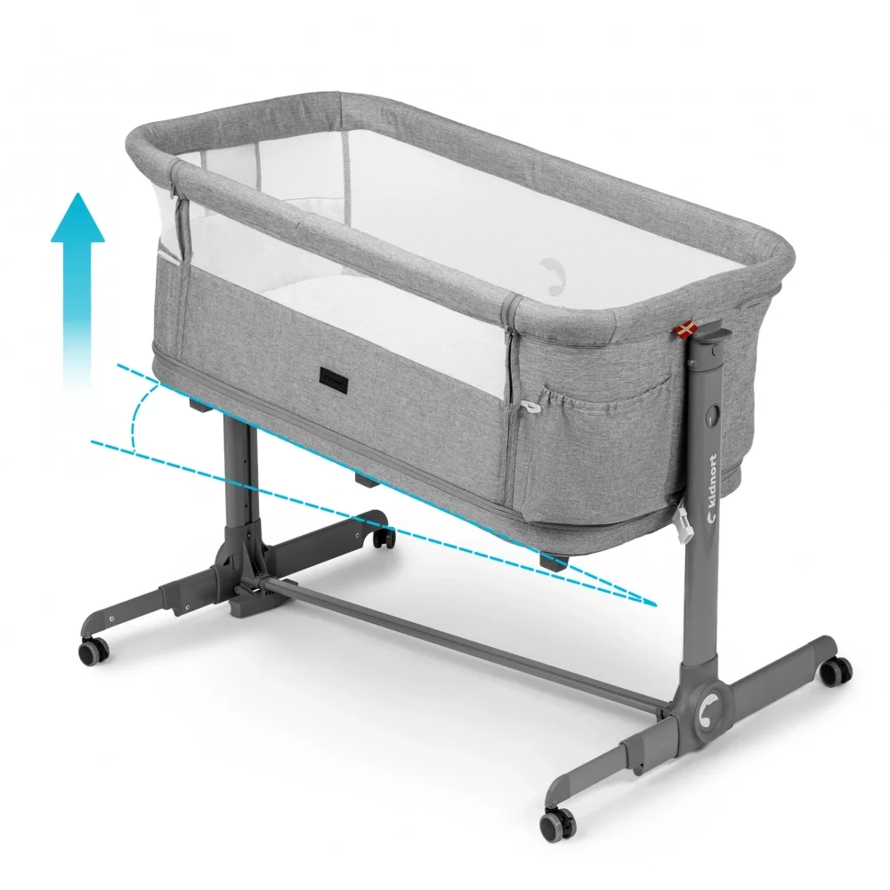 Kidnort Patut multifunctonal tip co-sleeper si tarc de joaca pentru copii Snackskal II Grey structura din otel cu inaltime ajustabila roti cu frane buzunar lateral sistem de balansare incorporat accesorii incluse