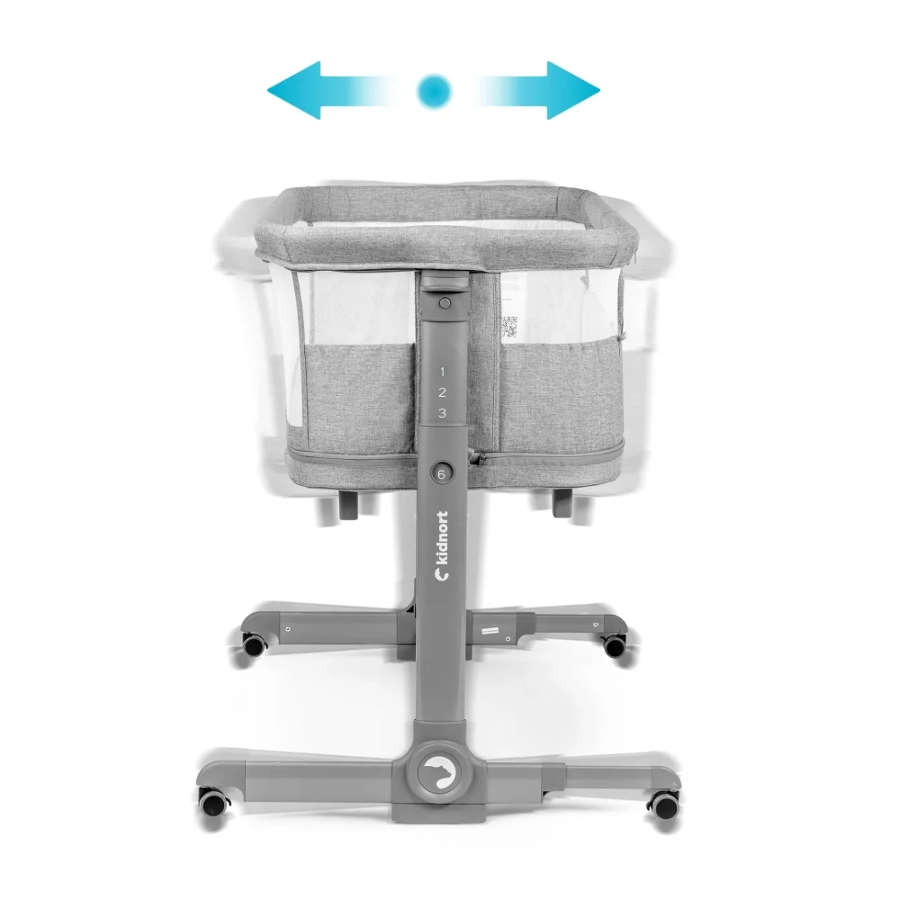 Kidnort Patut multifunctonal tip co-sleeper si tarc de joaca pentru copii Snackskal II Grey structura din otel cu inaltime ajustabila roti cu frane buzunar lateral sistem de balansare incorporat accesorii incluse