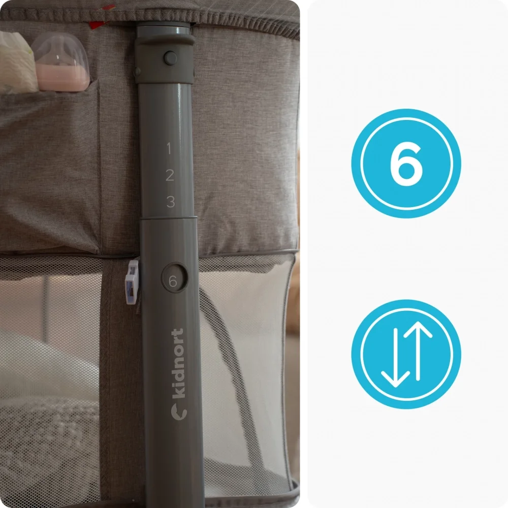 Kidnort Patut multifunctonal tip co-sleeper si tarc de joaca pentru copii Snackskal II Grey structura din otel cu inaltime ajustabila roti cu frane buzunar lateral sistem de balansare incorporat accesorii incluse