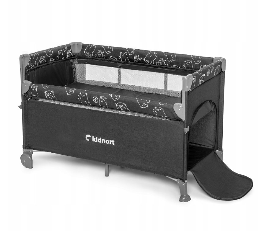 Kidnort Patut pliabil 3 in 1 pentru copii cu doua nivele laterala culisanta plasa de ventilatie cu saltea si geanta de transport incluse dimensiune 128 x 78.5 x 68 cm Livsmiljo Dark Grey