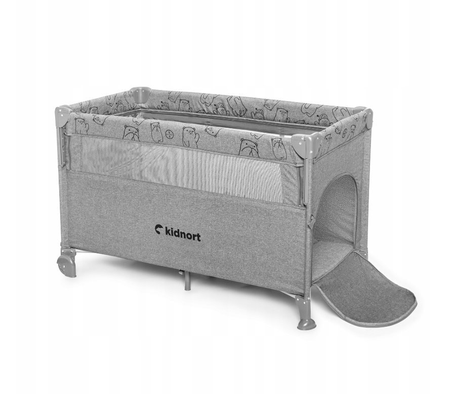 Kidnort Patut pliabil 3 in 1 pentru copii cu doua nivele laterala culisanta plasa de ventilatie cu saltea si geanta de transport incluse dimensiune 128 x 78.5 x 68 cm Livsmiljo Light Grey