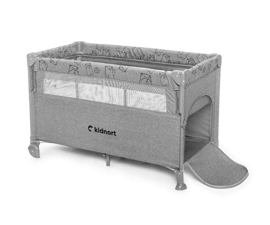 Kidnort Patut pliabil 3 in 1 pentru copii cu doua nivele laterala culisanta plasa de ventilatie cu saltea si geanta de transport incluse dimensiune 128 x 78.5 x 68 cm Livsmiljo Light Grey