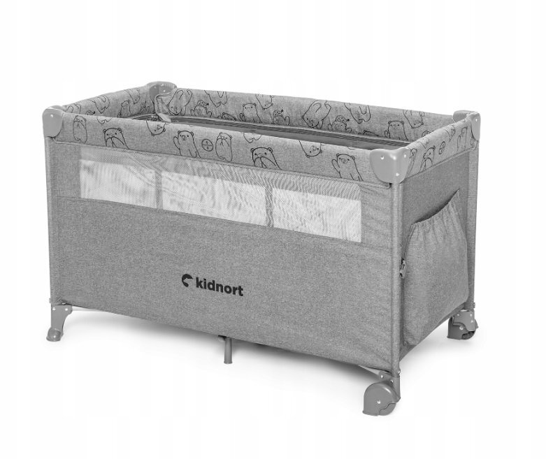 Kidnort Patut pliabil 3 in 1 pentru copii cu doua nivele laterala culisanta plasa de ventilatie cu saltea si geanta de transport incluse dimensiune 128 x 78.5 x 68 cm Livsmiljo Light Grey