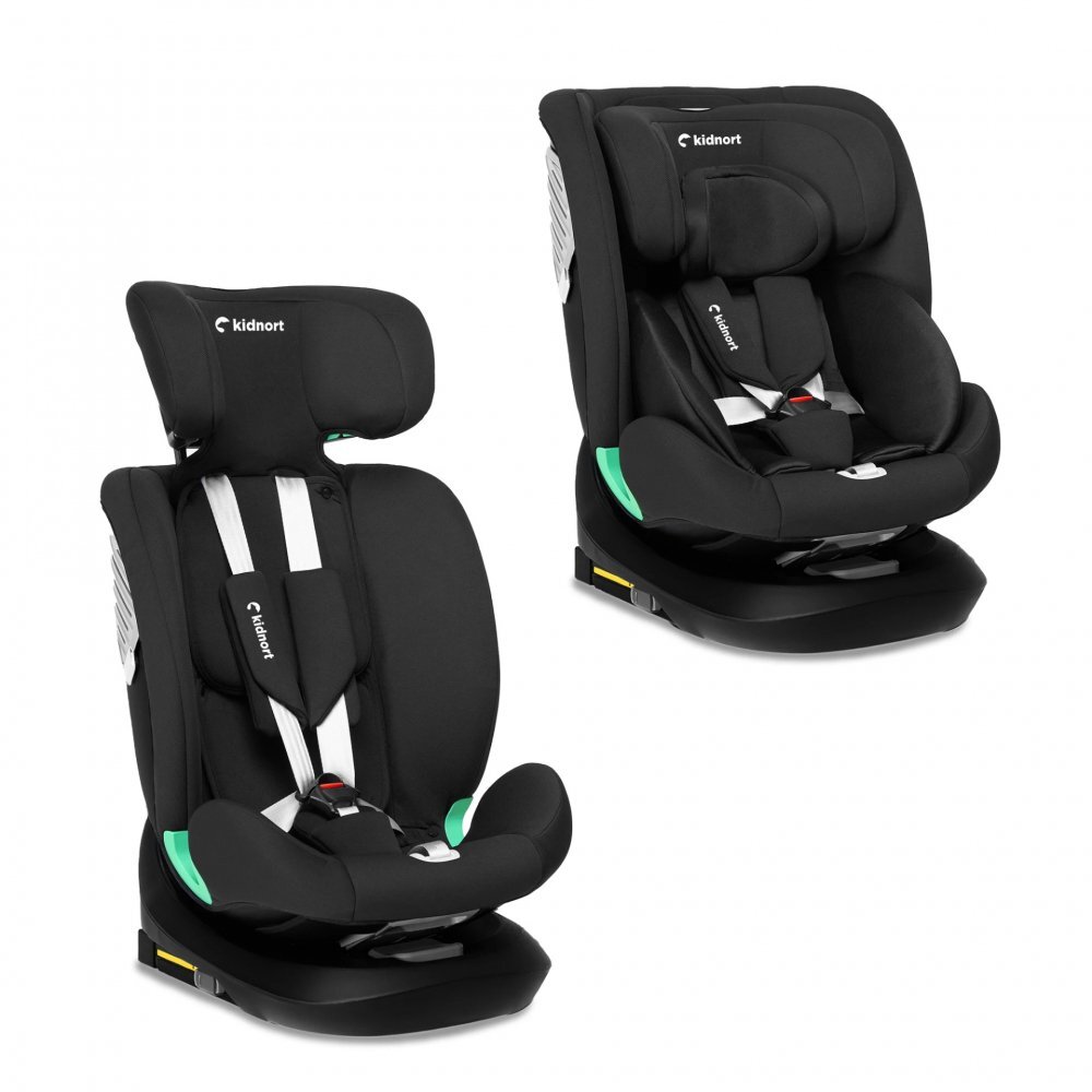 Kidnort Scaun auto cu isofix rotativ pentru copii Radjur Black 360 i-Size 40-150 cm Top Tether centuri in 5 puncte Sistem de impact lateral parasolar reglabil Pozitie somn