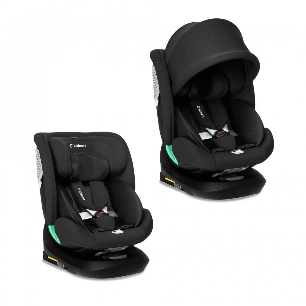 Kidnort Scaun auto cu isofix rotativ pentru copii Radjur Black 360 i-Size 40-150 cm Top Tether centuri in 5 puncte Sistem de impact lateral parasolar reglabil Pozitie somn