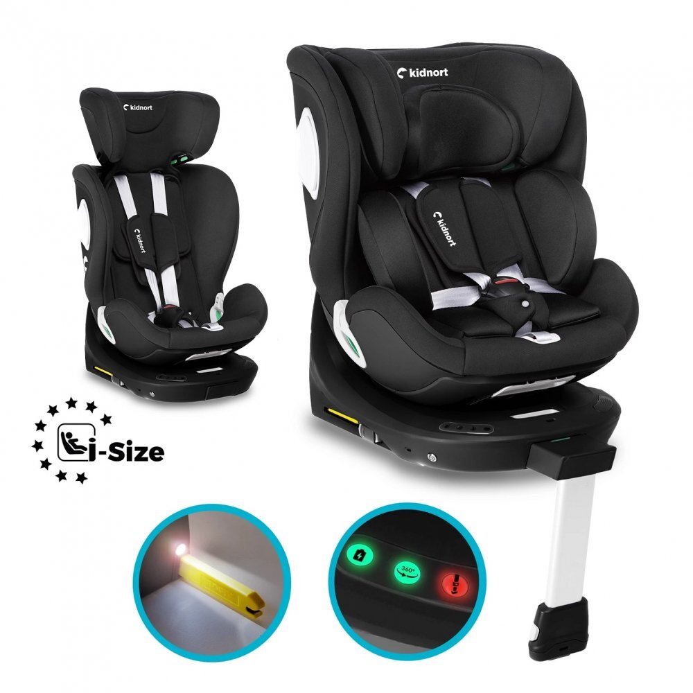 Kidnort Scaun auto pentru copii cu baza isofix picior stabilizator rotativ 360 i-Size R129 tetiera cu spuma de memorie 40-150 cm parasolar reglabil Orn Black