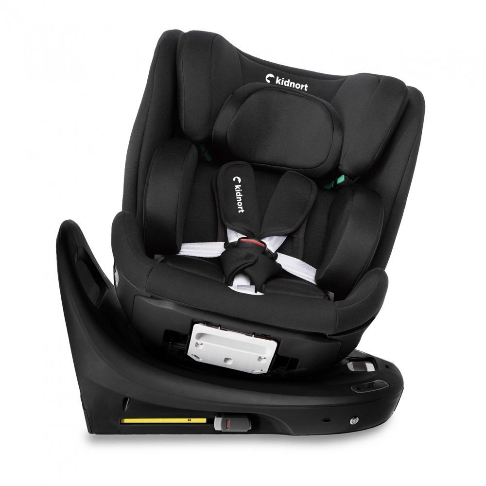 Kidnort Scaun auto pentru copii cu baza isofix picior stabilizator rotativ 360 i-Size R129 tetiera cu spuma de memorie 40-150 cm parasolar reglabil Orn Black
