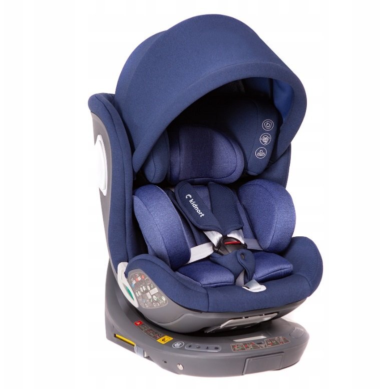 Kidnort Scaun auto pentru copii cu baza isofix picior stabilizator rotativ 360 i-Size R129 tetiera cu spuma de memorie 40-150 cm parasolar reglabil Orn Blue
