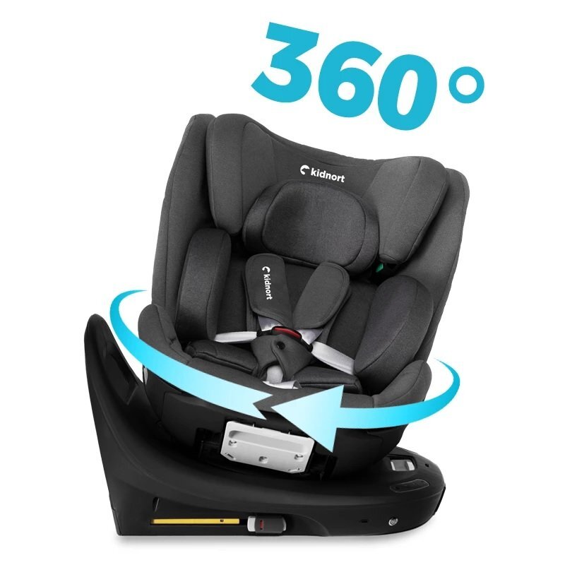 Kidnort Scaun auto pentru copii cu baza isofix picior stabilizator rotativ 360 i-Size R129 tetiera cu spuma de memorie 40-150 cm parasolar reglabil Orn Grey