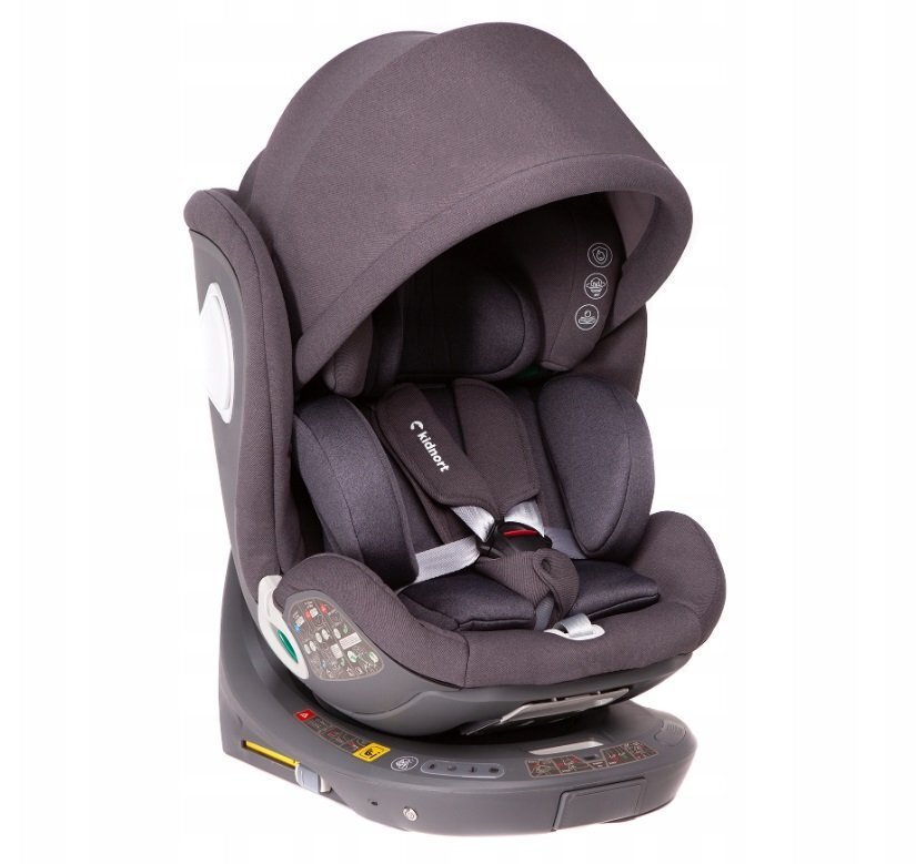 Kidnort Scaun auto pentru copii cu baza isofix picior stabilizator rotativ 360 i-Size R129 tetiera cu spuma de memorie 40-150 cm parasolar reglabil Orn Grey