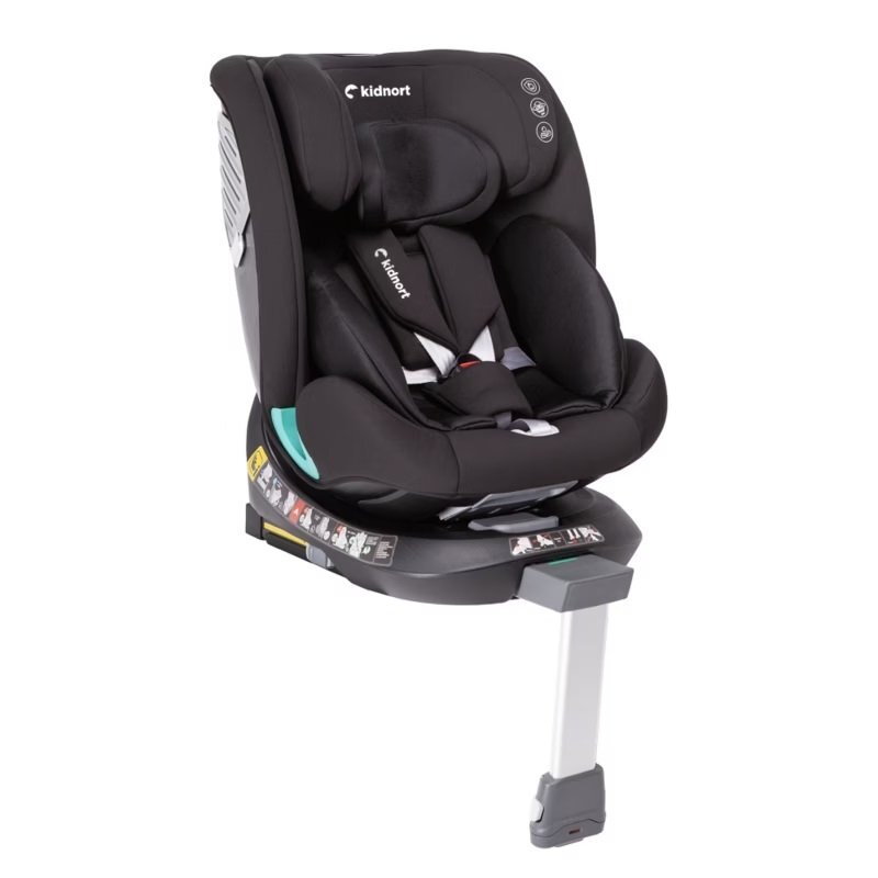 Kidnort Scaun auto pentru copii cu isofix rotativ 360 i-Size R129 cu picior stabilizator si tetiera reglabila 40-150 cm dimensiune 46.5 x 35 x 56 cm Radjur Black