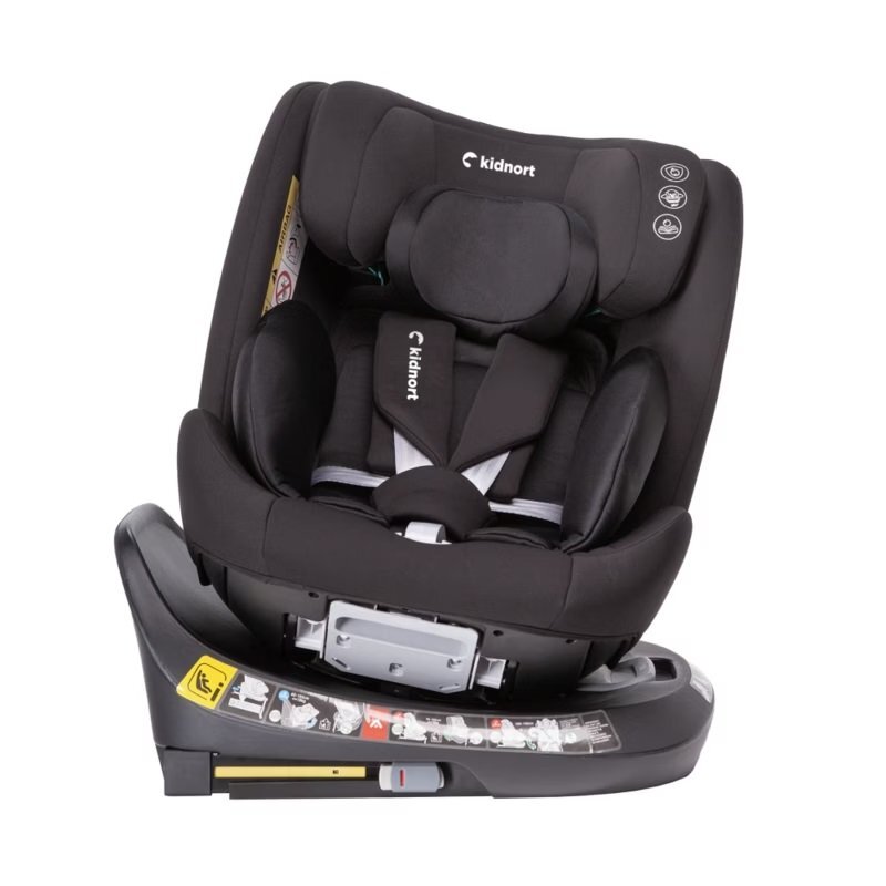 Kidnort Scaun auto pentru copii cu isofix rotativ 360 i-Size R129 cu picior stabilizator si tetiera reglabila 40-150 cm dimensiune 46.5 x 35 x 56 cm Radjur Black