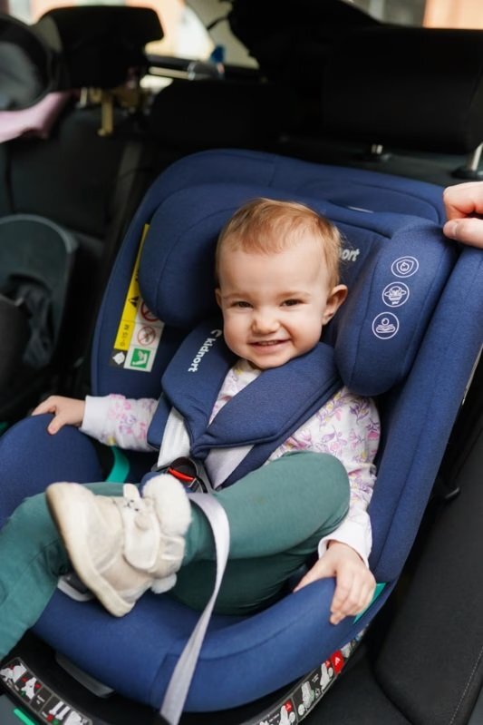 Kidnort Scaun auto pentru copii cu isofix rotativ 360 i-Size R129 cu picior stabilizator si tetiera reglabila 40-150 cm dimensiune 46.5 x 35 x 56 cm Radjur Blue
