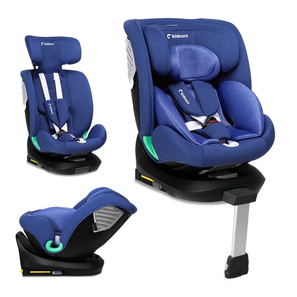 Kidnort Scaun auto pentru copii cu isofix rotativ 360 i-Size R129 cu picior stabilizator si tetiera reglabila 40-150 cm dimensiune 46.5 x 35 x 56 cm Radjur Blue