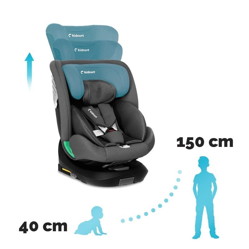 Kidnort Scaun auto pentru copii cu isofix rotativ 360 i-Size R129 cu picior stabilizator si tetiera reglabila 40-150 cm dimensiune 46.5 x 35 x 56 cm Radjur Blue