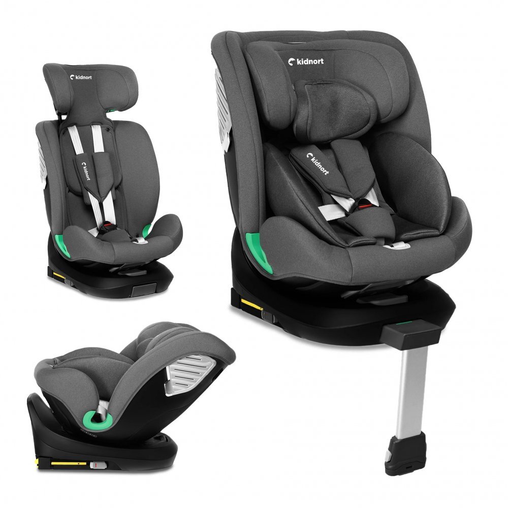 Kidnort Scaun auto pentru copii cu isofix rotativ 360 i-Size R129 cu picior stabilizator si tetiera reglabila 40-150 cm dimensiune 46.5 x 35 x 56 cm Radjur Grey