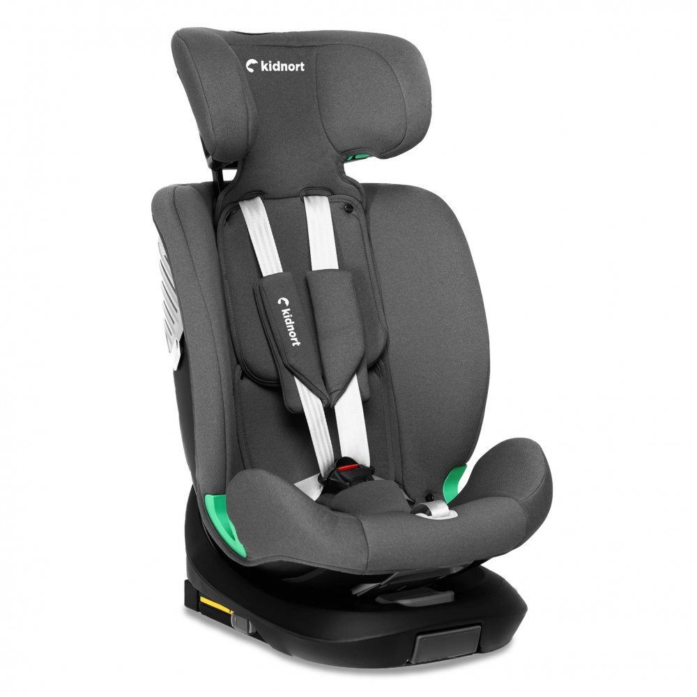 Kidnort Scaun auto pentru copii cu isofix rotativ 360 i-Size R129 cu picior stabilizator si tetiera reglabila 40-150 cm dimensiune 46.5 x 35 x 56 cm Radjur Grey