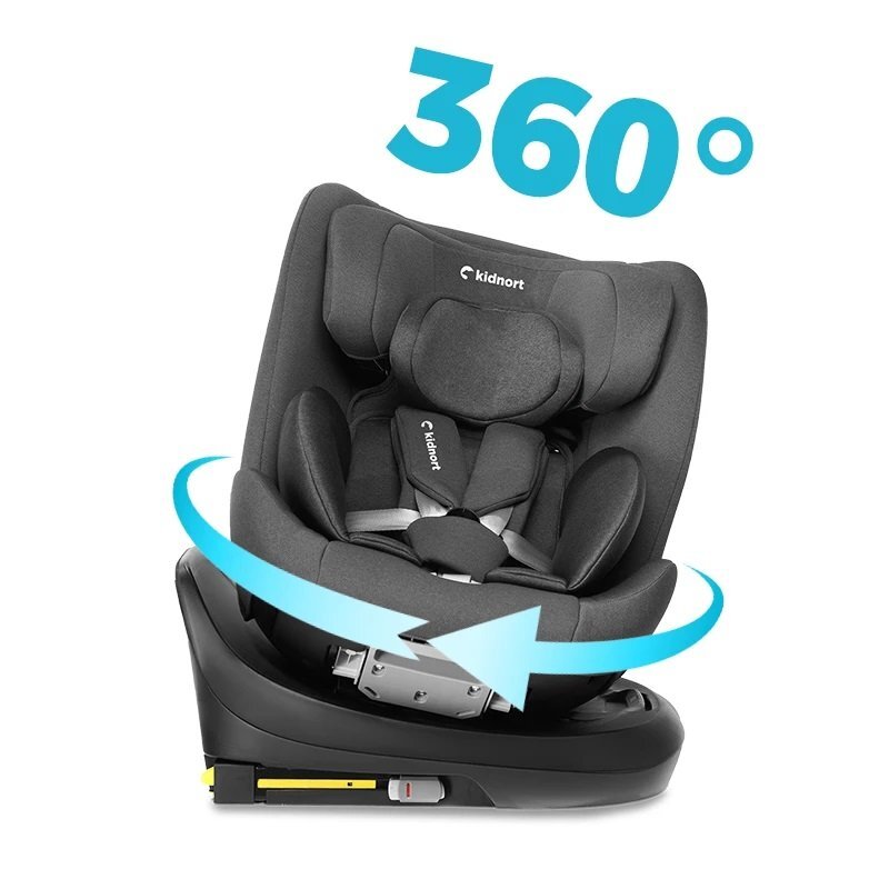 Kidnort Scaun auto pentru copii Radjur Grey cu isofix rotativ 360 i-Size 40-150 cm Top Tether centuri in 5 puncte Sistem de impact lateral baldachin reglabil pozitie somn