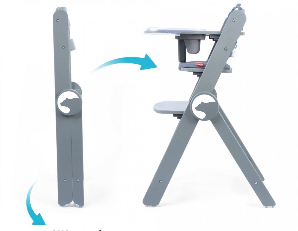 Kidnort Scaun de masa pentru copii Drommer Unique Grey pliabil structura din lemn cu 9 configuratii de inaltime centura de siguranta in 5 puncte pana la 75 kg dimensiune 59 x 46 x 79.5 cm perna de sezut inclusa