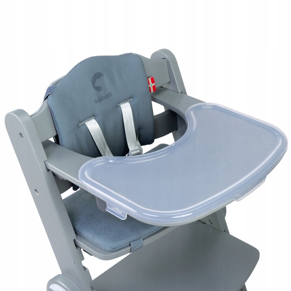 Kidnort Scaun de masa pentru copii Drommer Unique Grey pliabil structura din lemn cu 9 configuratii de inaltime centura de siguranta in 5 puncte pana la 75 kg dimensiune 59 x 46 x 79.5 cm perna de sezut inclusa