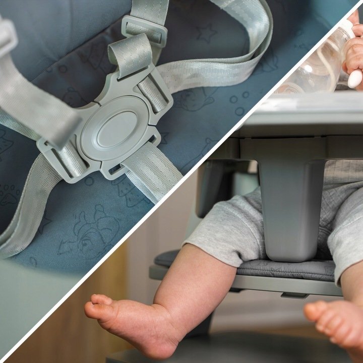 Kidnort Scaun de masa pentru copii Drommer Unique Grey pliabil structura din lemn cu 9 configuratii de inaltime centura de siguranta in 5 puncte pana la 75 kg dimensiune 59 x 46 x 79.5 cm perna de sezut inclusa