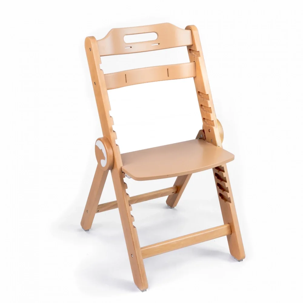 Kidnort Scaun de masa pentru copii Drommer Unique Maro pliabil structura din lemn cu 9 configuratii de inaltime centura de siguranta in 5 puncte pana la 75 kg dimensiune 59 x 46 x 79.5 cm perna de sezut inclusa
