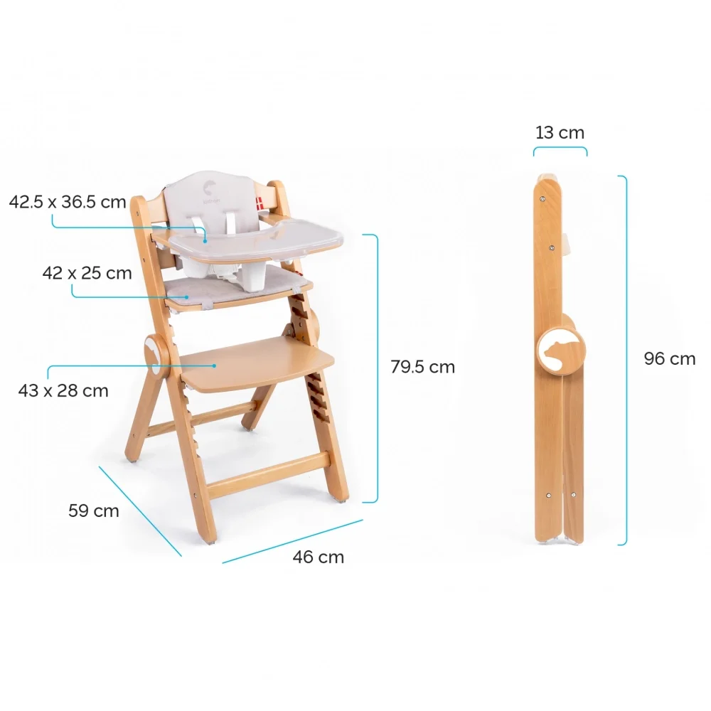 Kidnort Scaun de masa pentru copii Drommer Unique Maro pliabil structura din lemn cu 9 configuratii de inaltime centura de siguranta in 5 puncte pana la 75 kg dimensiune 59 x 46 x 79.5 cm perna de sezut inclusa
