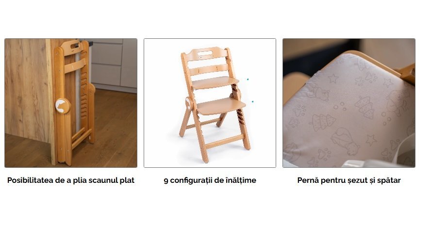 Kidnort Scaun de masa pentru copii Drommer Unique Maro pliabil structura din lemn cu 9 configuratii de inaltime centura de siguranta in 5 puncte pana la 75 kg dimensiune 59 x 46 x 79.5 cm perna de sezut inclusa