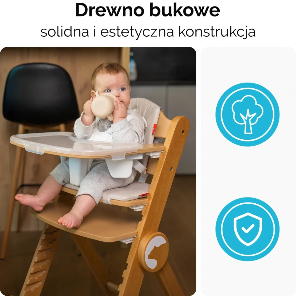 Kidnort Scaun de masa pentru copii Drommer Unique Maro pliabil structura din lemn cu 9 configuratii de inaltime centura de siguranta in 5 puncte pana la 75 kg dimensiune 59 x 46 x 79.5 cm perna de sezut inclusa