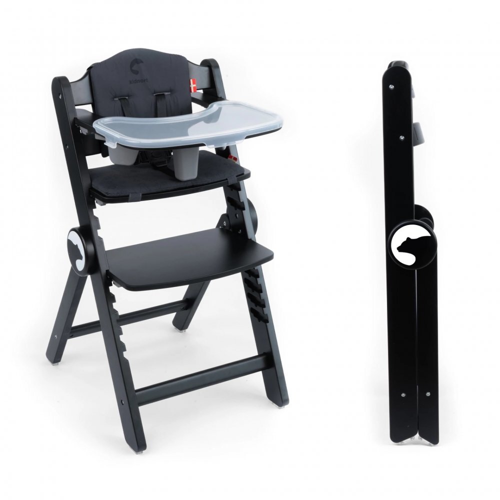 Kidnort Scaun de masa pentru copii Drommer Unique Negru pliabil structura din lemn cu 9 configuratii de inaltime centura de siguranta in 5 puncte pana la 75 kg dimensiune 59 x 46 x 79.5 cm perna de sezut inclusa