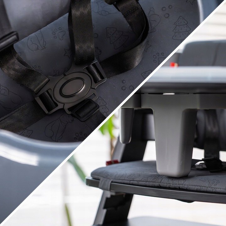 Kidnort Scaun de masa pentru copii Drommer Unique Negru pliabil structura din lemn cu 9 configuratii de inaltime centura de siguranta in 5 puncte pana la 75 kg dimensiune 59 x 46 x 79.5 cm perna de sezut inclusa