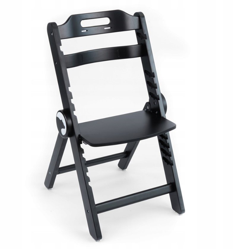 Kidnort Scaun de masa pentru copii Drommer Unique Negru pliabil structura din lemn cu 9 configuratii de inaltime centura de siguranta in 5 puncte pana la 75 kg dimensiune 59 x 46 x 79.5 cm perna de sezut inclusa