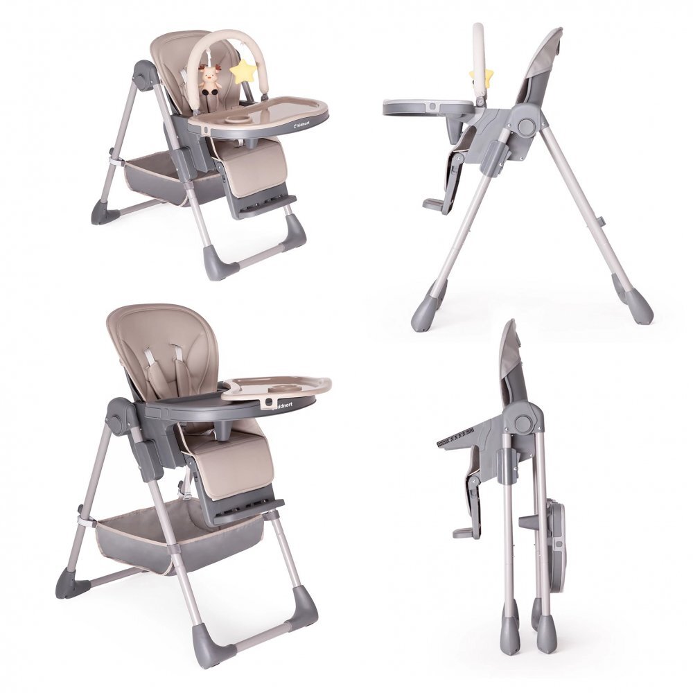 Kidnort Scaun de masa pentru copii Jordgubbe Brown multifunctional cu roti bara de jucarii spatar reglabil pozitie somn reglabil pe inaltime pe 6 nivele tavita cu suport pentru pahar usor de pliat