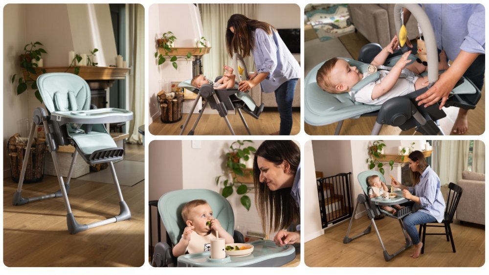 Kidnort Scaun de masa pentru copii Jordgubbe Green multifunctional cu roti bara de jucarii spatar reglabil pozitie somn reglabil pe inaltime pe 6 nivele tavita cu suport pentru pahar usor de pliat