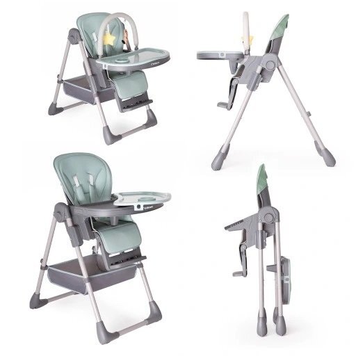 Kidnort Scaun de masa pentru copii Jordgubbe Green multifunctional cu roti bara de jucarii spatar reglabil pozitie somn reglabil pe inaltime pe 6 nivele tavita cu suport pentru pahar usor de pliat