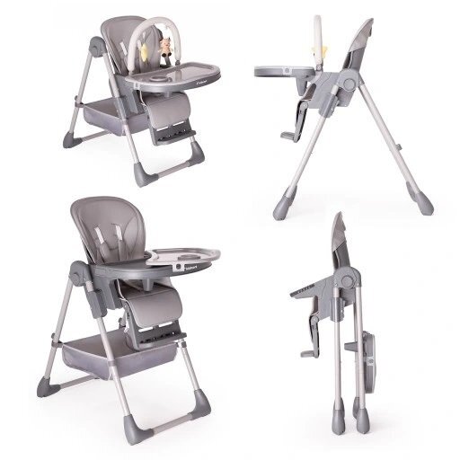 Kidnort Scaun de masa pentru copii Jordgubbe Grey multifunctional cu roti bara de jucarii spatar reglabil pozitie somn reglabil pe inaltime pe 6 nivele tavita cu suport pentru pahar usor de pliat