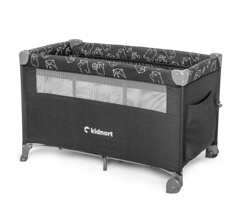 Kidnort Set Patut pliabil 3 in 1 pentru copiicu doua nivelelaterala culisantaplasa de ventilatiesaltea pliabila si geanta de transport inclusedimensiune 128x78.5x68 cm Livsmiljo Dark Grey + Saltea cocos Comfort 8 cm