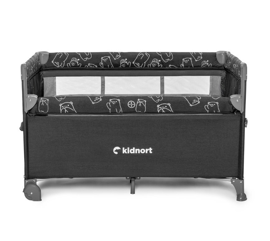 Kidnort Set Patut pliabil 3 in 1 pentru copiicu doua nivelelaterala culisantaplasa de ventilatiesaltea pliabila si geanta de transport inclusedimensiune 128x78.5x68 cm Livsmiljo Dark Grey + Saltea cocos Comfort 8 cm